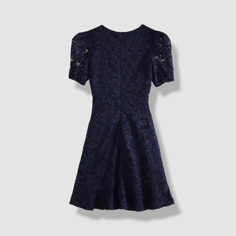 Aqua Kids Girl's Blue Lace Overlay V-Neck Short Sleeve A-Line Dress Sz L - Picture 2 of 3